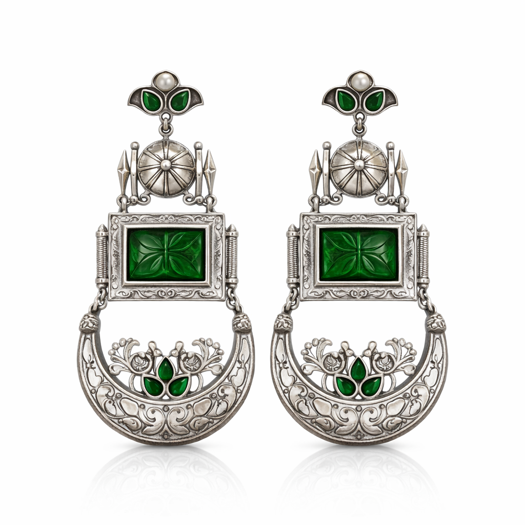 Antique Green Stone Oxidised Silver Earrings