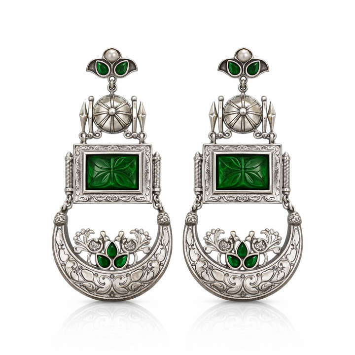 Antique Green Stone Oxidised Silver Earrings