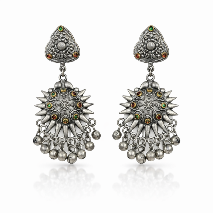 Oxidised Jhumka Earrings with Multicolor Stone Accents