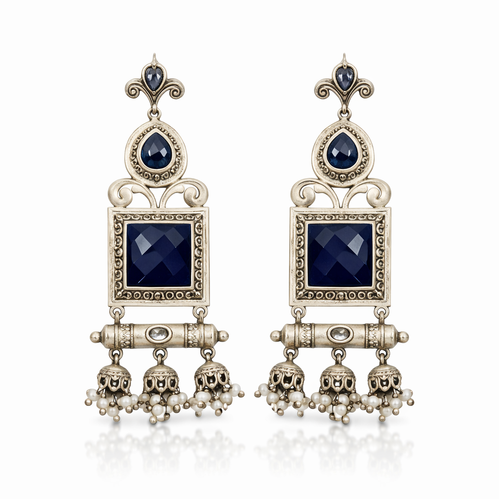 Royal Blue Stone Oxidised Silver Temple Earrings