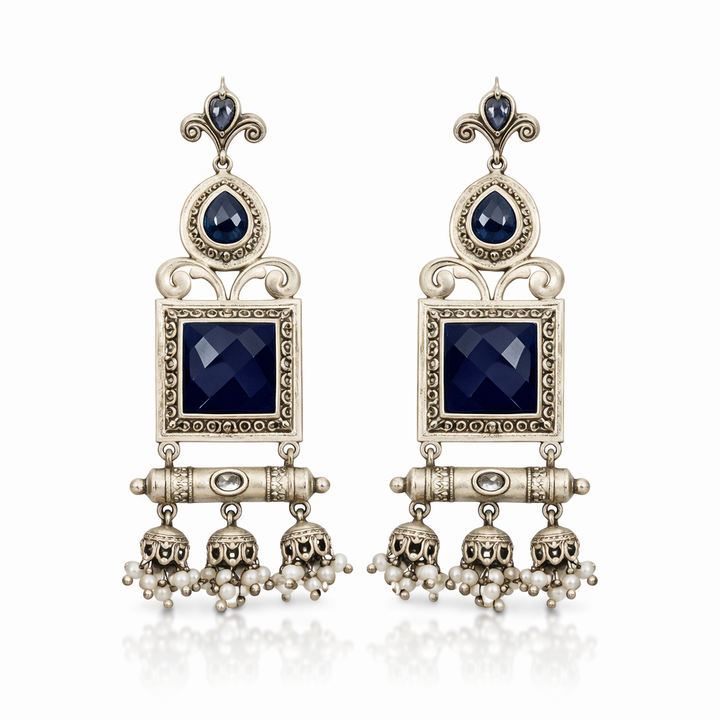 Royal Blue Stone Oxidised Silver Temple Earrings