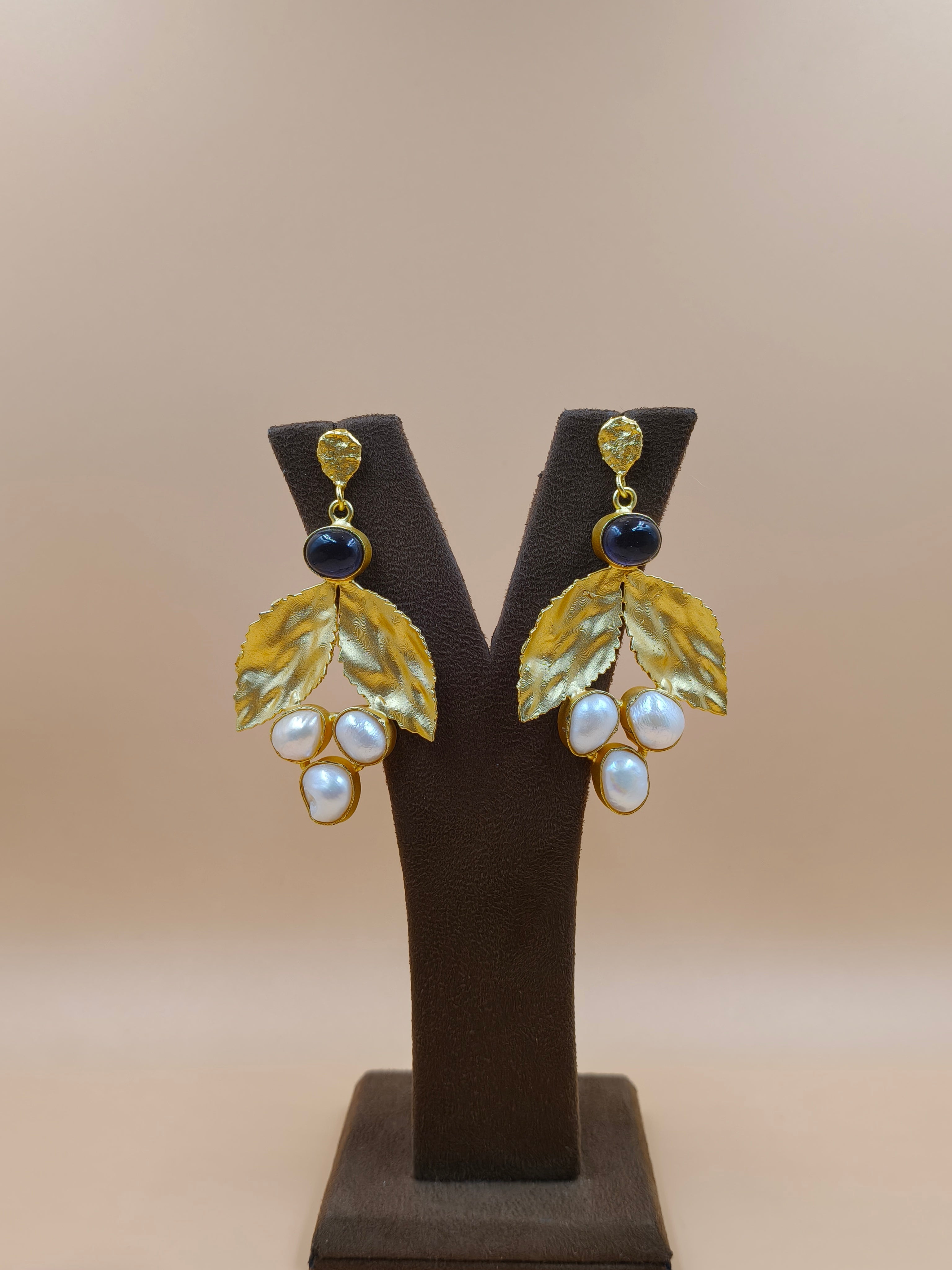 Golden Vine Pearl Leaf Earrings