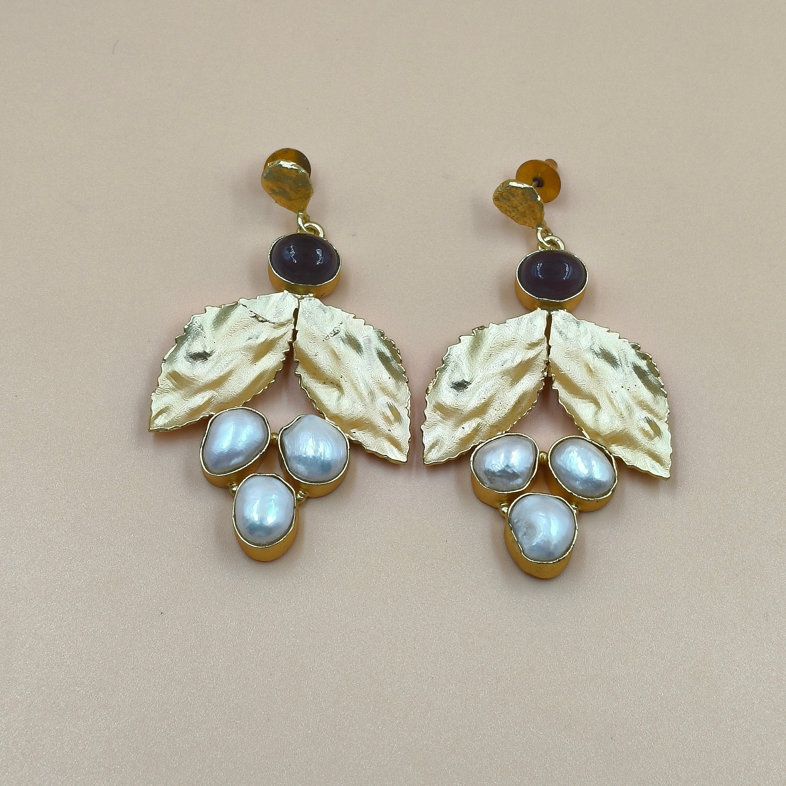 Golden Vine Pearl Leaf Earrings