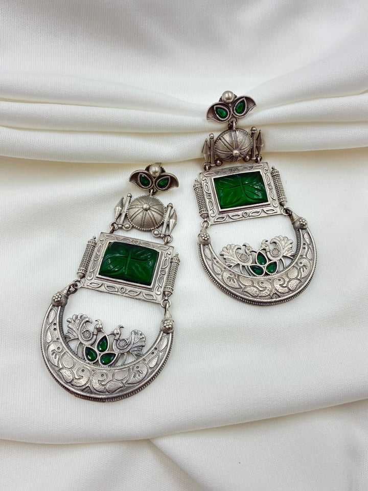Antique Green Stone Oxidised Silver Earrings