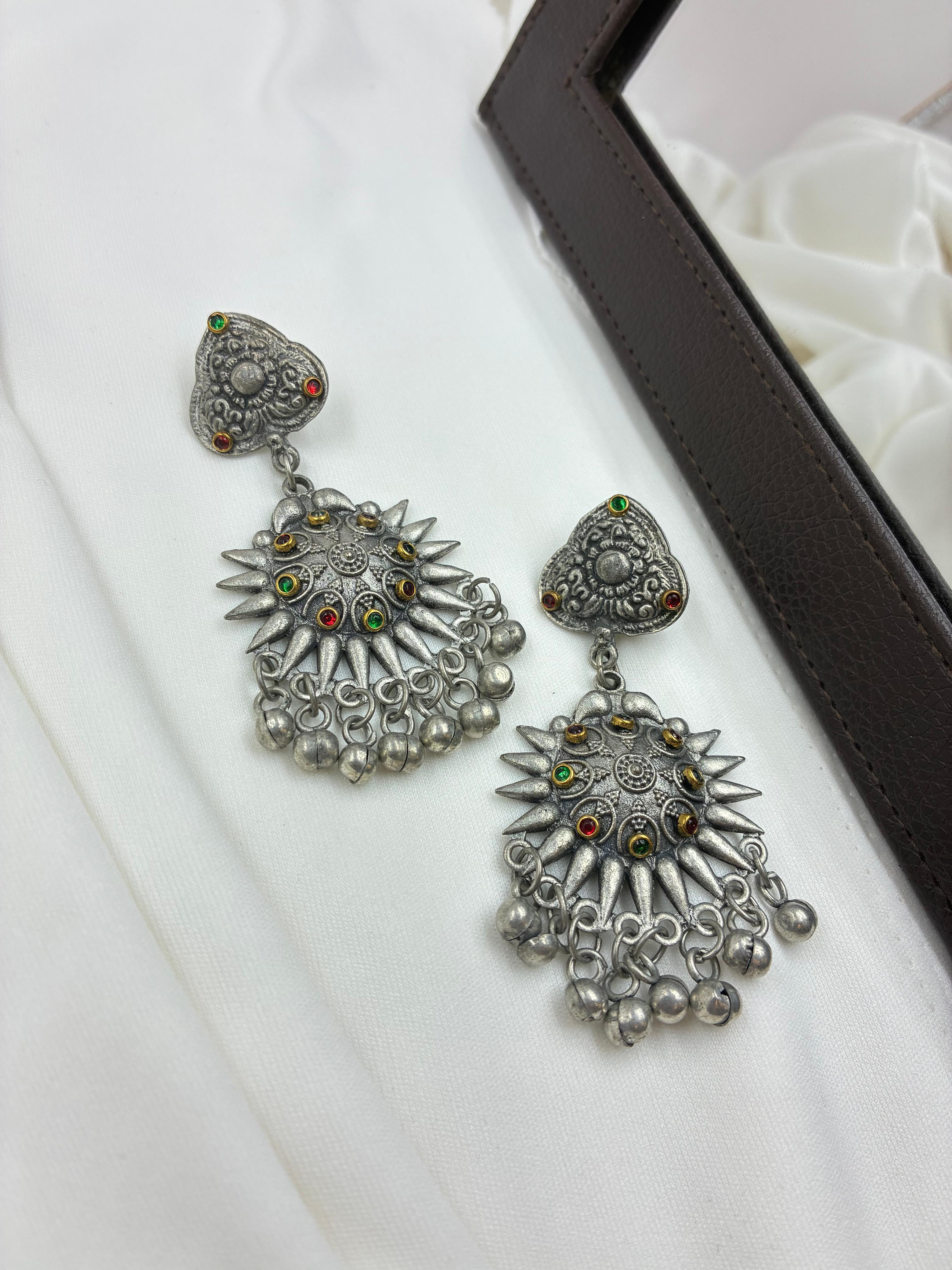 Oxidised Jhumka Earrings with Multicolor Stone Accents