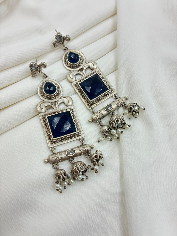 Royal Blue Stone Oxidised Silver Temple Earrings