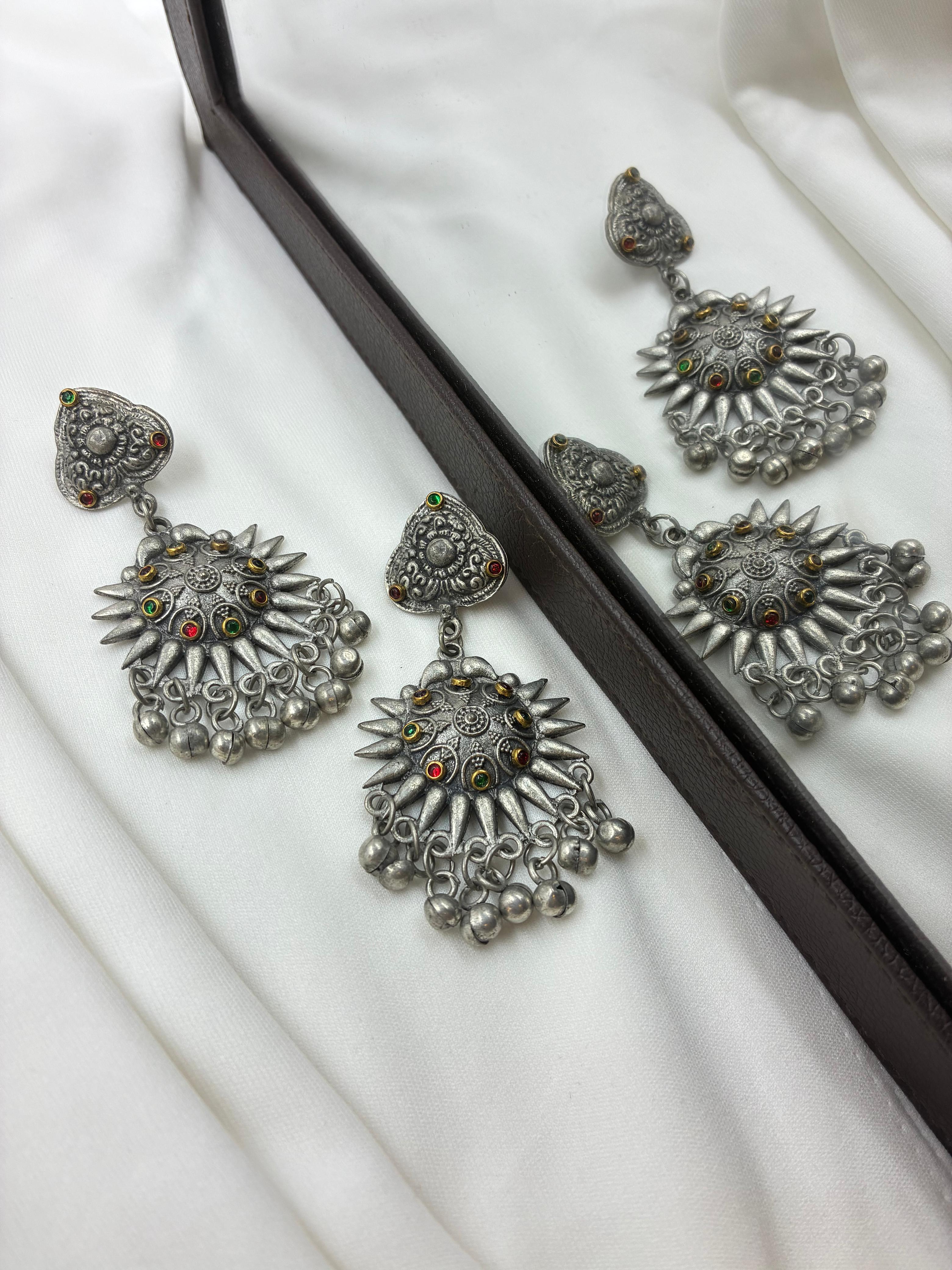 Oxidised Jhumka Earrings with Multicolor Stone Accents