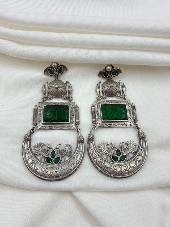 Antique Green Stone Oxidised Silver Earrings